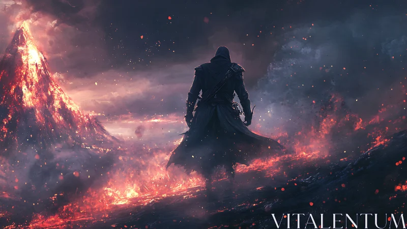 Solitary figure amid volcanic landscape with lava flows.