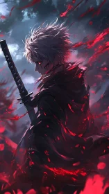 Crimson-eyed swordsman framed by stormlit scarlet embers.