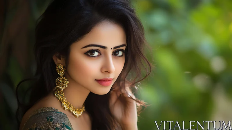 Portrait shows elegant woman in gold jewelry outdoors