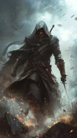 Storm-wreathed rogue strides through embers toward unseen fate