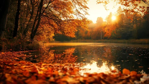 Calm autumn forest lake under warm golden sunset light.
