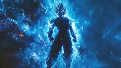 Blue energy warrior silhouette in cosmic explosion glow.