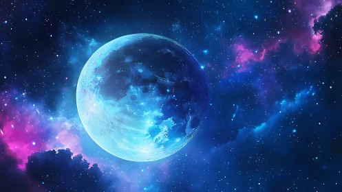 Moonlit blue planet glows gently in a dreamy starry sky