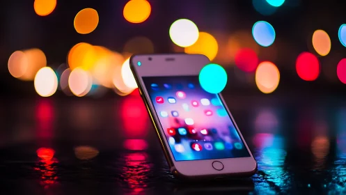 Smartphone displaying app interface with chromatic bokeh light environment and wet reflective surfac