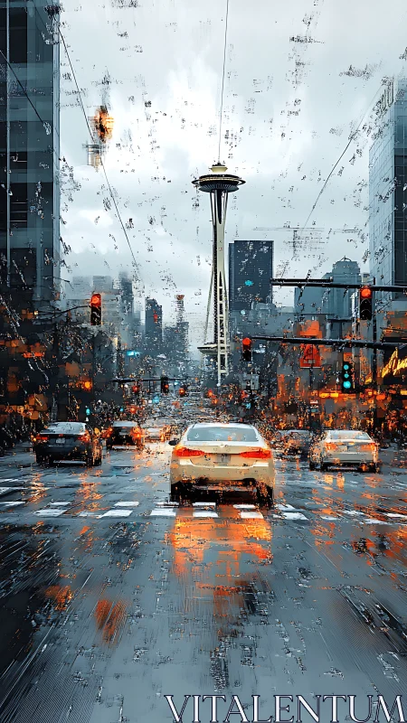 Rain-soaked urban street with tower and traffic at dusk.