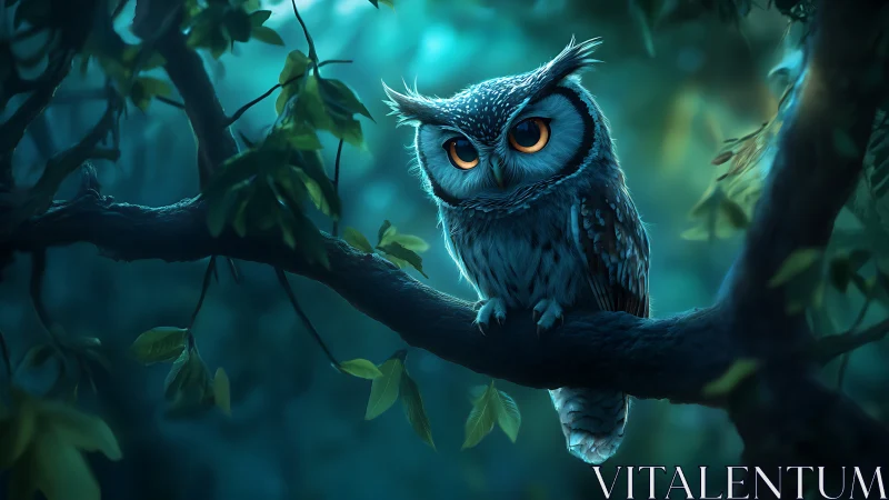 Enchanting Owl on Tree Branch in Magical Forest Digital Art.