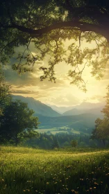 Pastoral valley sunrise with overhead bough framing composition.