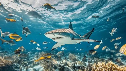 Curious reef shark gliding through a sunlit coral playground.