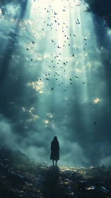 Backlit cloaked figure observes ascending birds in misty forest