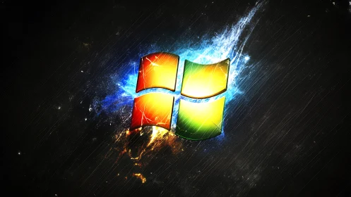 Glowing window emblem bursts from a stormy digital night.