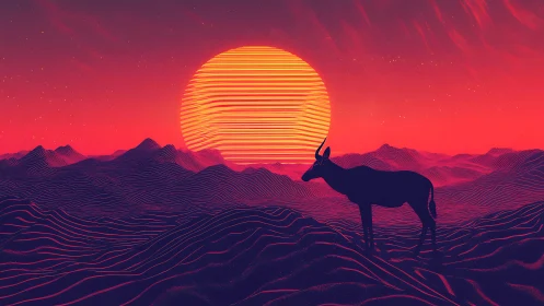 Retro-spectral antelope silhouette in neon-line desert sunset.