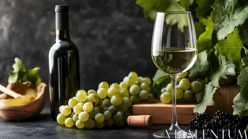 White wine glass with green grapes on rustic dark table.