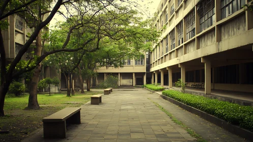 Modern academic courtyard with trees, benches and colonnade