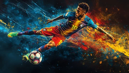 Dynamic soccer striker in explosive abstract color motion.
