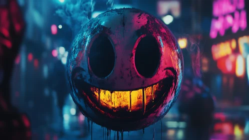 Neon nightmare smiley drips firelight in cyberpunk alley.