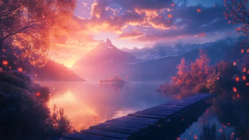 Twilight lake walkway beneath glowing alpine sunset sky.