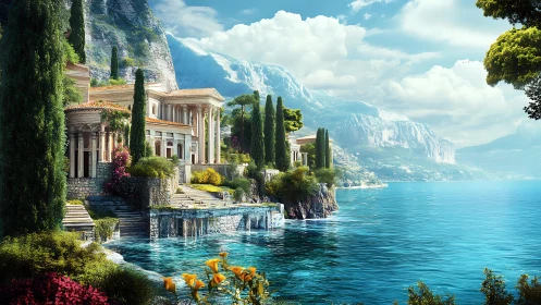 Neoclassical coastal villa complex with cypress terraces and luminous water