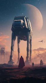 Colossal four-legged combat walkers dominate an alien plain