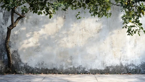 Leaning tree casts soft foliage shadows on aged wall
