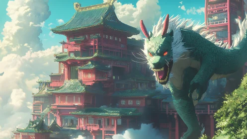 Sky temple towers with roaring emerald dragon guardian