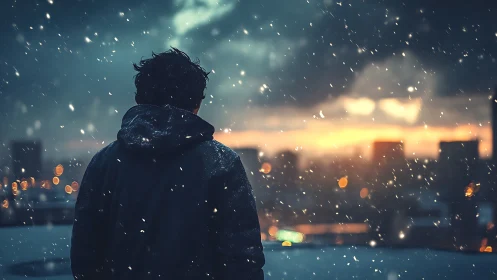 Solitary figure in winter snowfall above glowing city skyline.