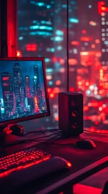 Neon-lit gaming desk overlooks a futuristic cyber cityscape