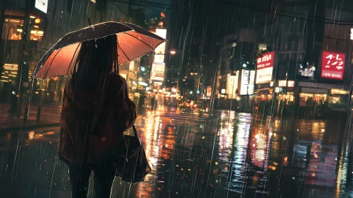 Solitary figure under umbrella studies neon-lit rainy avenue