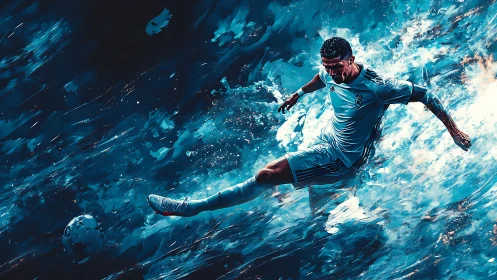 Dynamic soccer player kicking ball in blue abstract field.