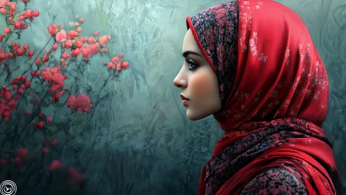 Profile portrait of veiled woman against blurred floral field