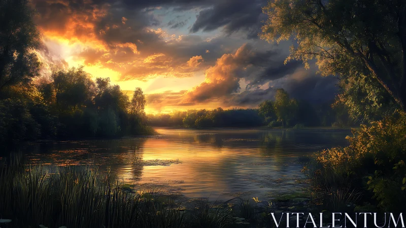 Luminous sunset over tranquil forest lake with rich clouds.