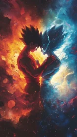 Fiery and icy anime warriors locked in cosmic standoff.