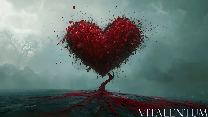 Heart-Shaped Tree Rendered in Digital 3D Surrealism Against Misty Landscape.