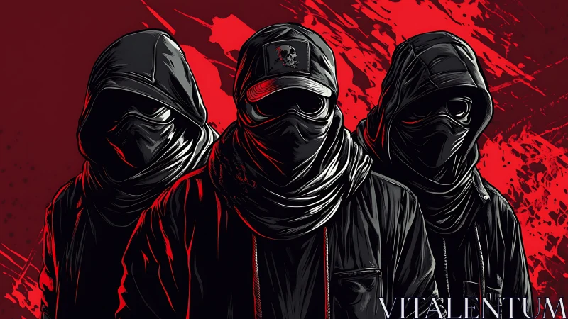 Hooded masked figures in red and black digital artwork.