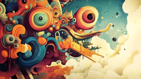 Surreal orbital airship amid swirling chromatic vortex forms.