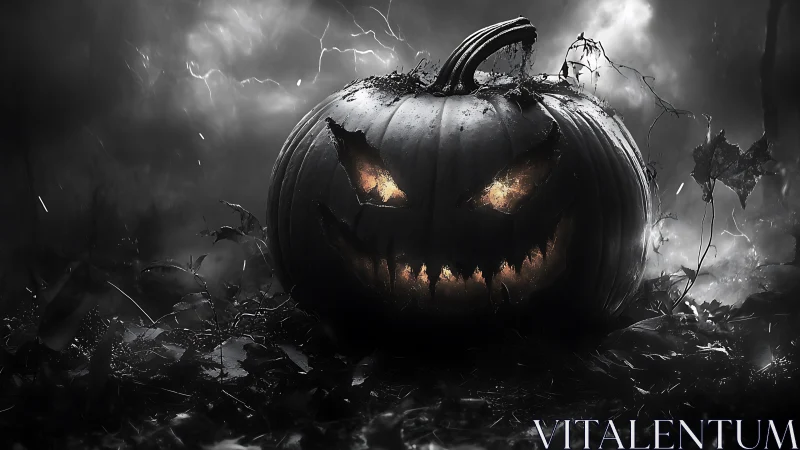 Sinister jack o’lantern glowing in stormy monochrome forest.