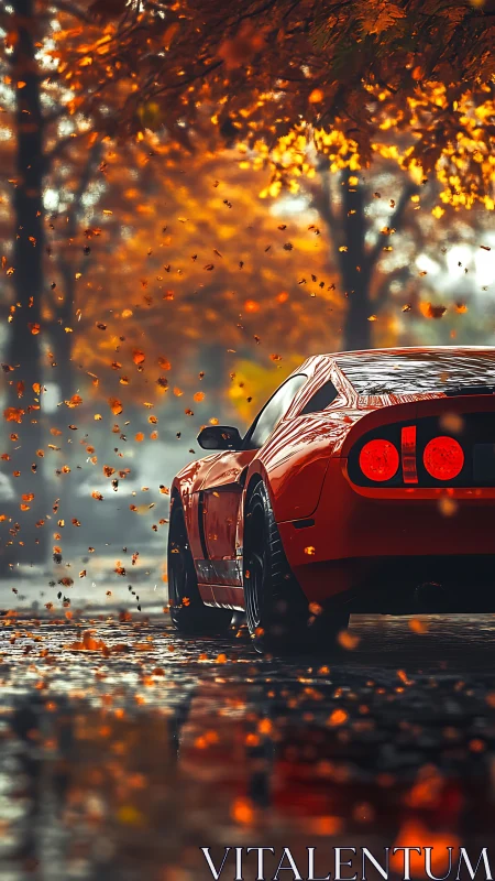 Red sports car on wet autumn road under falling leaves.