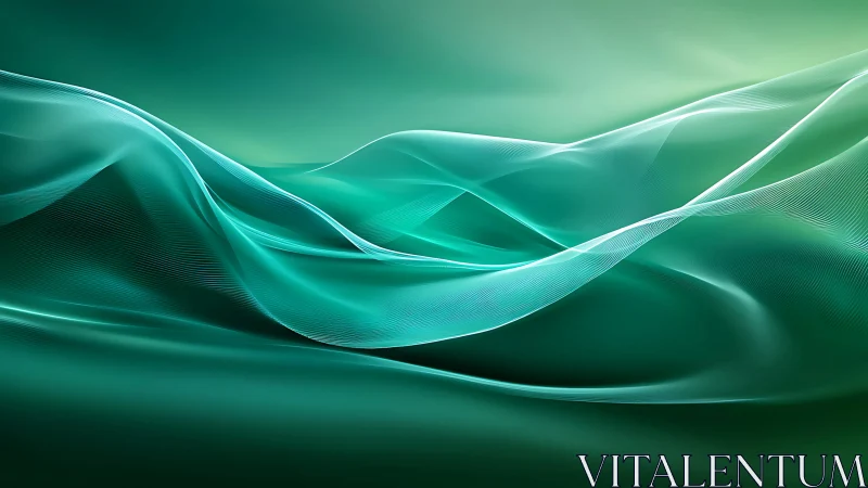 Emerald fluid waves form luminous abstract digital landscape.