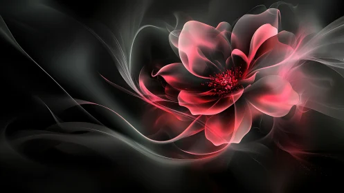 Luminescent red fractal blossom with flowing smoke petals.