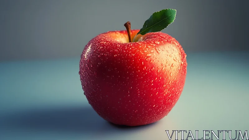 Photorealistic macro study of red apple with dewdrops on plane.