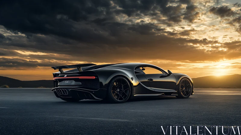 Black hypercar on open road under cloudy sunset sky.