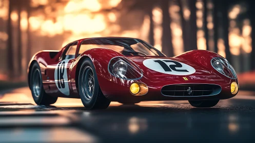 3D render of classic endurance race car at golden hour.
