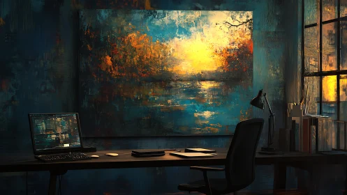 Modern workspace with large abstract sunset wall art.
