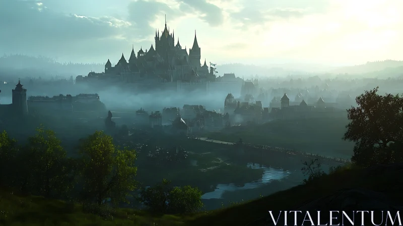 Misty medieval citadel above river valley at sunrise.