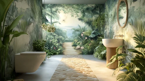Tropical rainforest bathroom merges mural depth and natural light.
