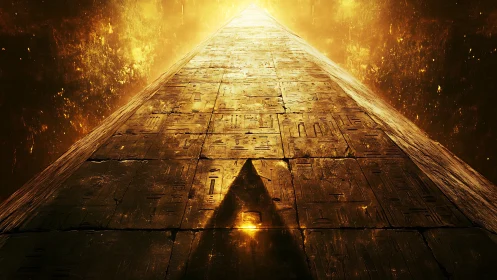Massive glowing pyramid corridor leading into bright light.