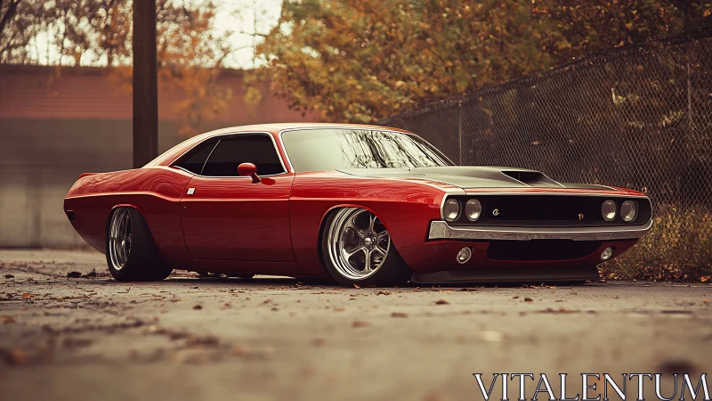 Low-slung red muscle car with black hood in autumn lot.