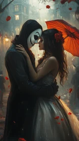 Masked Romance in Urban Rain: Digital Painting.