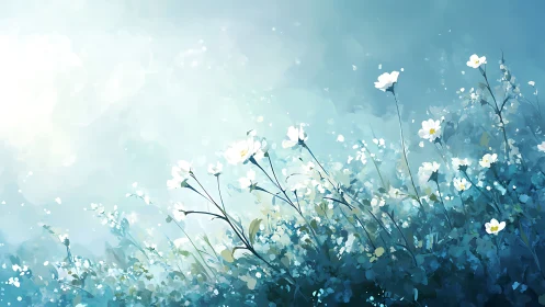 Delicate White Flowers Dance Through Soft Blue Dreams