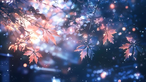 Maple leaves glow against bokeh-lit nocturnal forest space