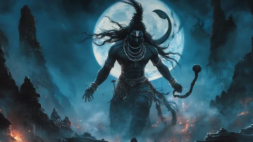 Moonlit warrior strides through smoky mountains with power